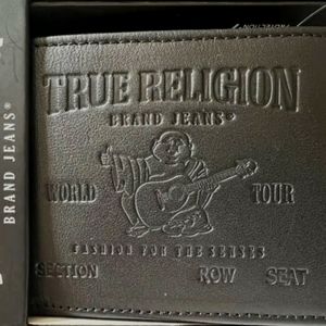 NEW True Religion Black Leather Buddha Playing Guitar Bi-Fold Wallet --- No Box